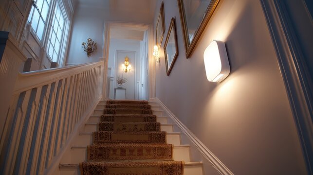 Staircase with carpet runner and a modern light fixture in a hallway. The photo can be used to show interior design or home improvement ideas.