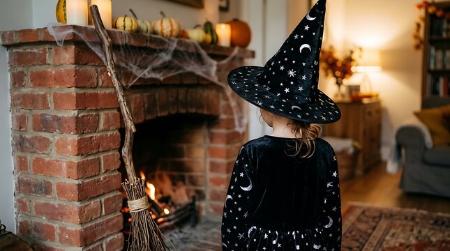 Small girl wearing witch hat watching burning fireplace in living room interior.