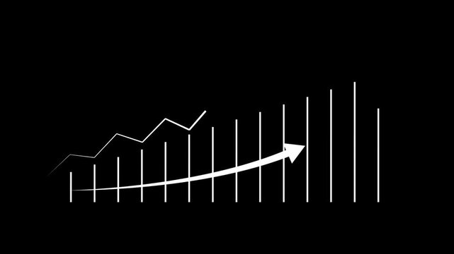 Stock market growth chart progressing from low to high white line graph on black
