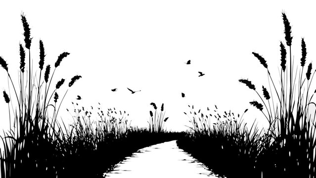 Black and white nature landscape silhouette with grass path and birds flying in sky