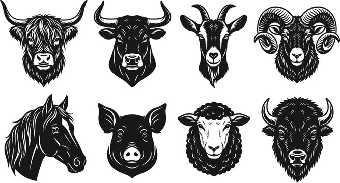 Collection of farm animal head silhouettes including cow, bull, goat, ram, horse, pig, sheep, and bison, isolated on white background