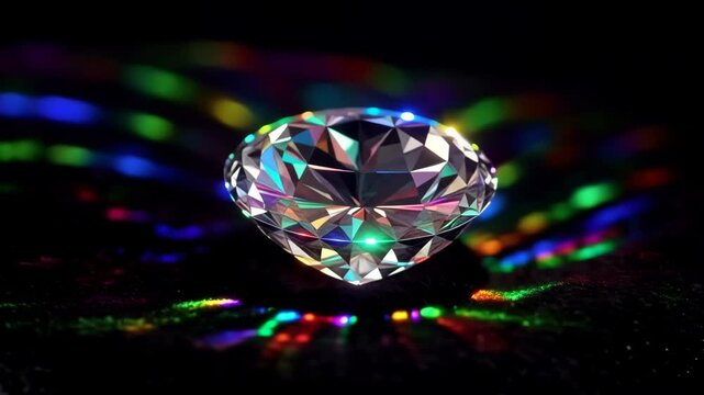 Close up of a sparkling diamond reflecting colorful lights on a dark background