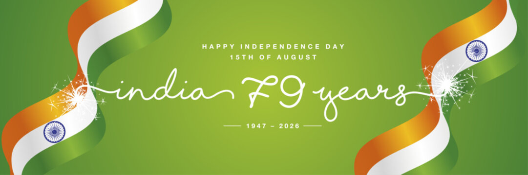 India 79 years handwritten typography with sparkle firework. Happy Independence Day 15th of August with India wavy flags on green background