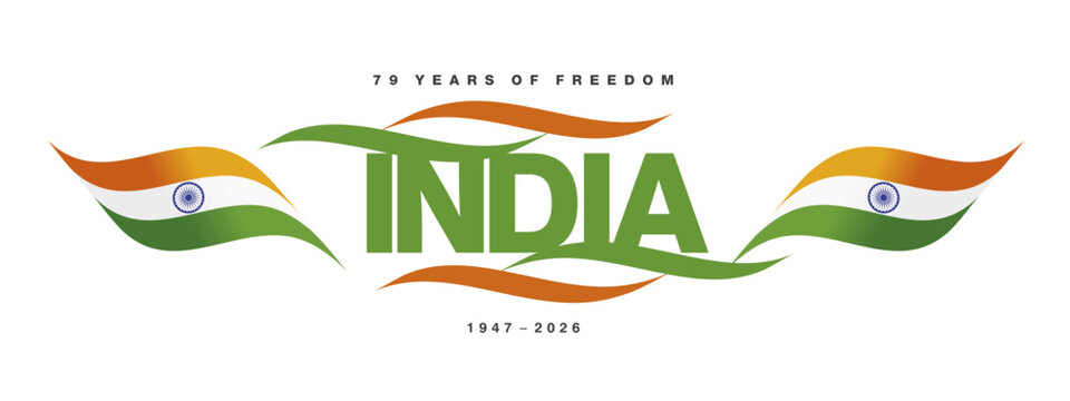 India 79th Anniversary logo label greeting card. India lettering text with orange white green ribbons and flag on white background