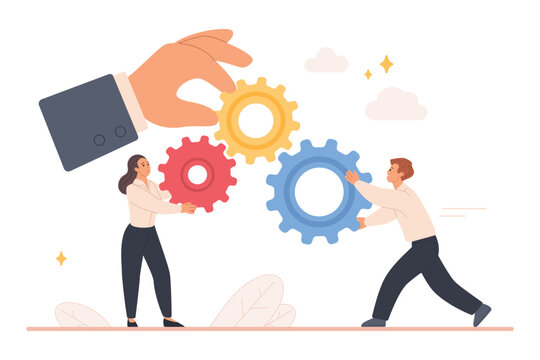 Business team with leader arranging colorful gears, representing teamwork, cooperation, management and workflow optimization, people working together on project, isolated vector illustration