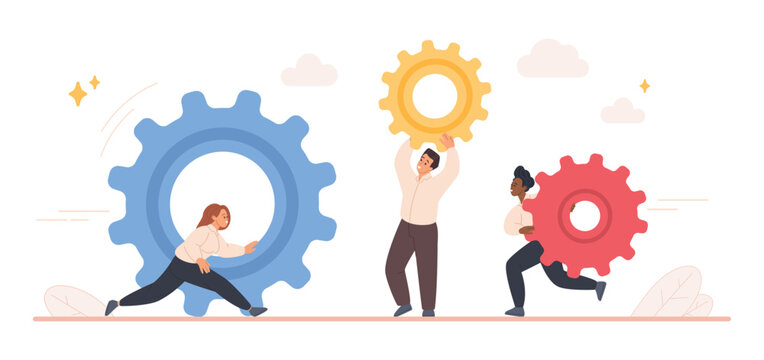 Business team of diverse coworkers moving large gears, collaborating on project workflow, symbol of teamwork, partnership, productivity cooperation, isolated on white background vector illustration