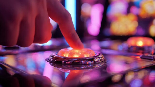 Close up of a person pressing a glowing orange button on a casino slot machine