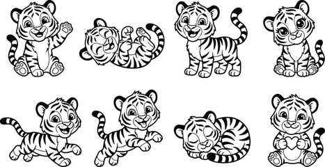 Obraz premium Set of cute baby tiger in black and white line style for coloring book pages