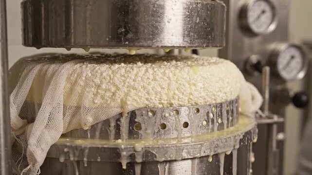 Industrial cheese press squeezing white curd during dairy production. Metal machinery compressing dairy product to remove whey in professional food manufacturing plant.