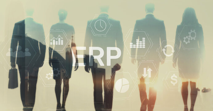 ERP system integration concept with gears, data flow and business process automation