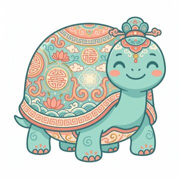 Whimsical isolated turtle illustration with intricate Asian-inspired shell pattern smiling happily