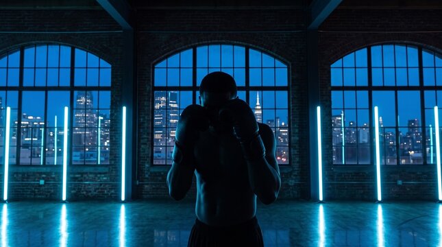Boxer in Fighting Stance Against City Skyline at Night