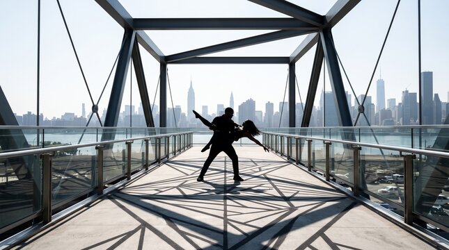 Man Lifting Woman on Pedestrian Bridge with City Skyline