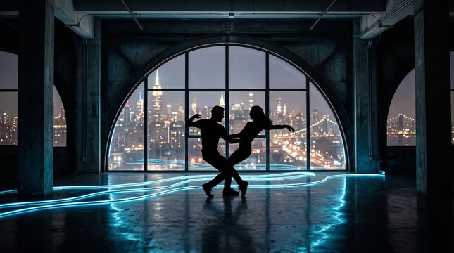 Couple Dancing Together in Modern Urban Loft with City Skyline