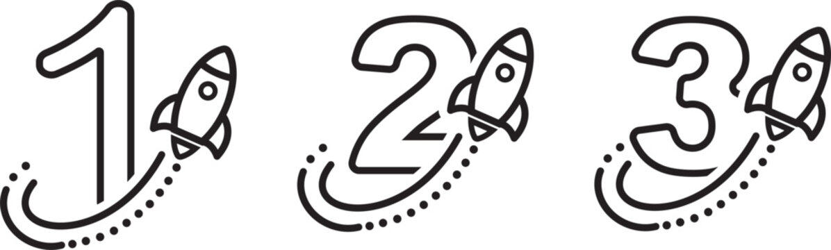 Rocket Number Icon Set. Launch Countdown Symbol. Simple Pictogram for Startup Growth, Business Ranking, Product Launch, Event Countdown and Education.