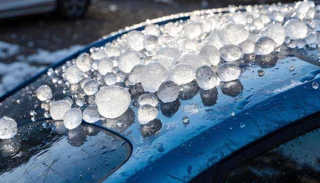 Large, damaging hailstones resting on the wet blue metallic roof of a car after a severe storm.