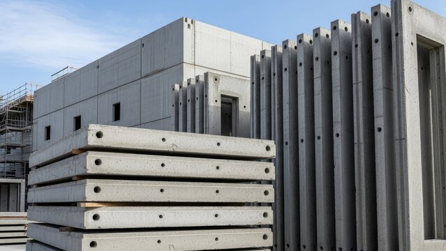 Stacked precast concrete wall panels at construction site.