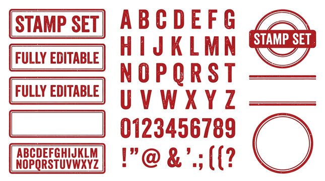 Red ink rubber stamp alphabet set featuring textured capital letters numbers and various decorative border frames on white background