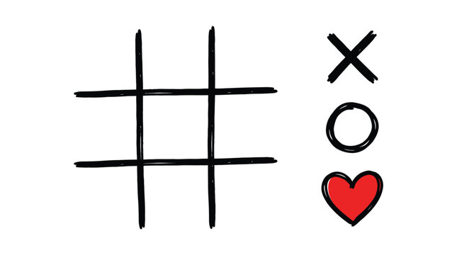 Hand drawn black tic tac toe grid with an x symbol a circle and a bright red heart icon illustration