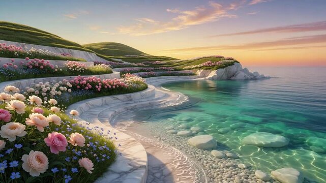 Stunning Surreal Seascape with Marble Terraces and Blooming Flowers at Sunset Over Calm Ocean Waters