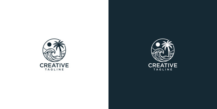 Elegant minimalist tropical island logo design featuring a palm tree silhouette, flowing ocean waves, and a radiant sun or moon for a serene beach concept