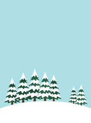 Obraz premium Flat front view vector illustration of snow covered pine trees standing on a snowy hill in a winter landscape background