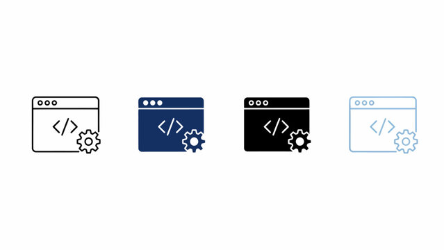 Set of four web development icons featuring code brackets and gear settings symbols in various styles for software engineering and programming interface design