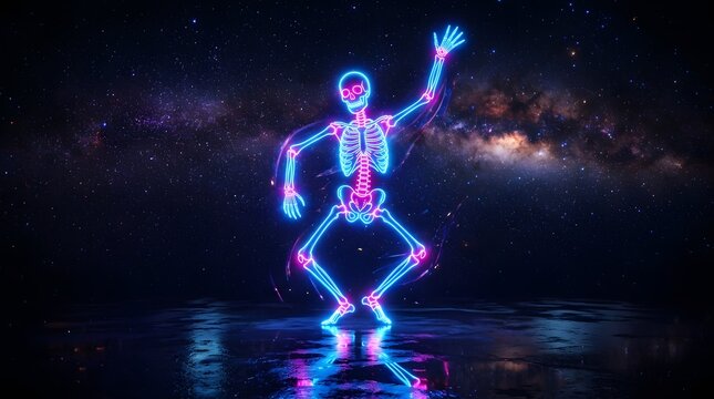 Neon glowing skeleton dancing against a starry galaxy background