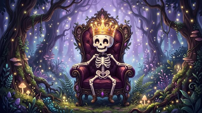 A cute cartoon skeleton king wearing a golden crown and bow tie, sitting on an ornate throne in a magical, glowing, enchanted forest