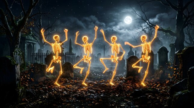 Four glowing skeletons dancing together in a dark graveyard under a full moon