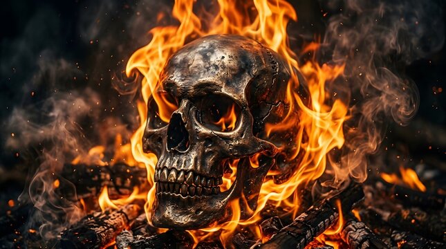 Metallic human skull engulfed in intense flames on a bed of burning charcoal