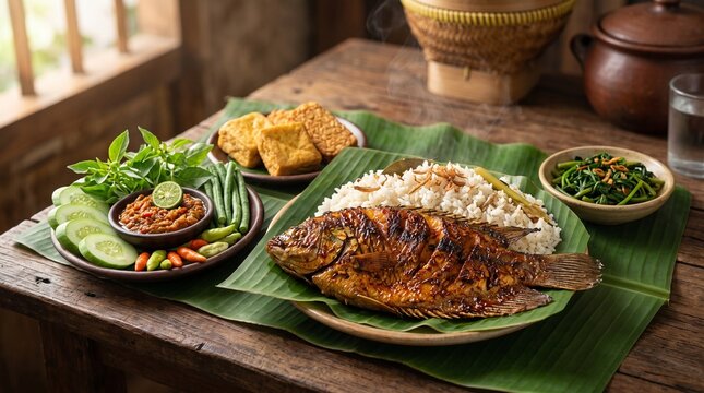 Delicious traditional Indonesian meal with grilled fish rice sambal chili paste fresh vegetables lalapan and fried tofu on banana leaf rustic wooden table