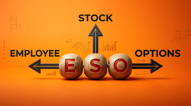 Modern employee stock option program visualization with rising market graphs with illustrates vibrant graphic employee options ESO linked upward trending performance