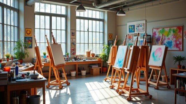 Aula de arte con caballetes, materiales de pintura organizados, rejillas de secado y grandes ventanales industriales