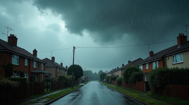 Tormenta de granizo sobre un barrio residencial; granizo cubriendo tejados y jardines; nubes de tormenta oscuras