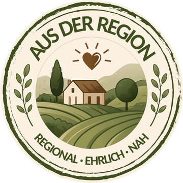 Aus der Region - Siegel &ndash; Rustikales Logo f&uuml;r Hofladen und Bio Bauernhof mit Landschaft, Haus, Feldern und Herz Symbol