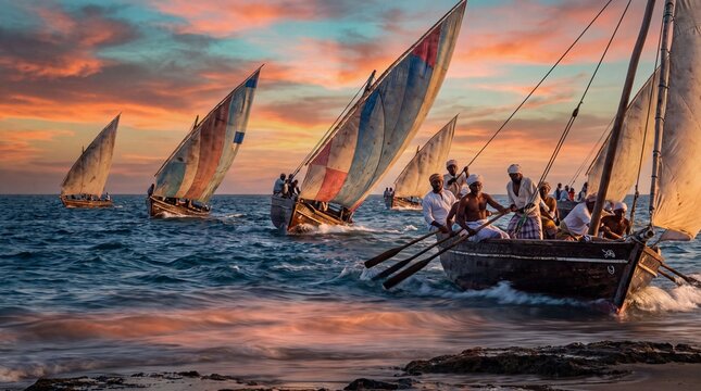 Dhow boat race at golden hour on the Swahili coast of Lamu, Kenya.