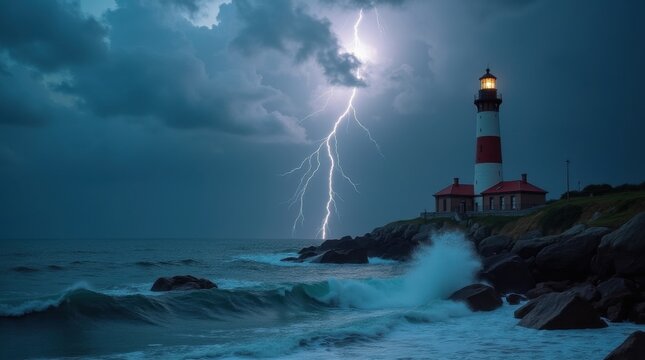 Tormenta el&eacute;ctrica tras un faro hist&oacute;rico en una costa rocosa, con olas rompiendo alrededor de la estructura