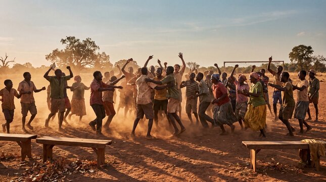 Crowd celebrates joyous moment at rustic football match during golden hour.