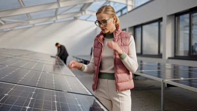 Woman examines solar panels in an energy-efficient building. Clean and bright environment with many windows. Concept of renewable energy, sustainability, green technology