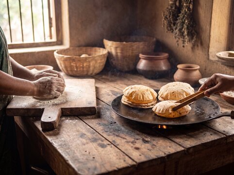 Hands kneading dough and flipping chapatis in a rustic kitchen setting