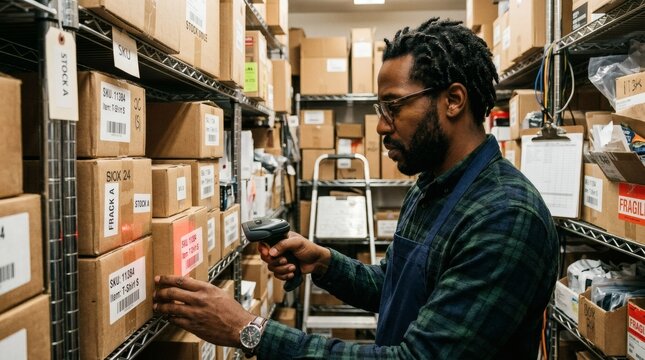 African American male worker scanning inventory boxes with a barcode reader on shelves in a warehouse setting.