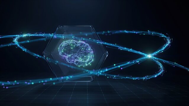 Human brain icon glowing within a glass hexagonal frame highlights the advancement of artificial intelligence research.