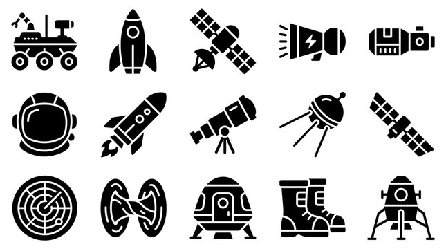 Space Exploration Astronomy Rocket Rover and Astronaut Gear Solid Glyph Vector Icons