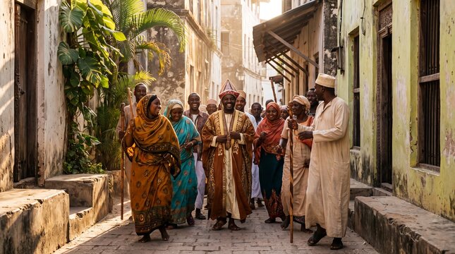 Swahili wedding procession through narrow alley during golden hour.