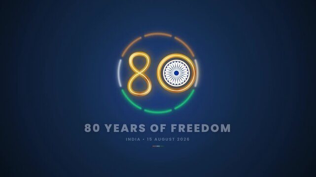 Celebration of 80 years of indian freedom with glowing wheel logo. 4K Video