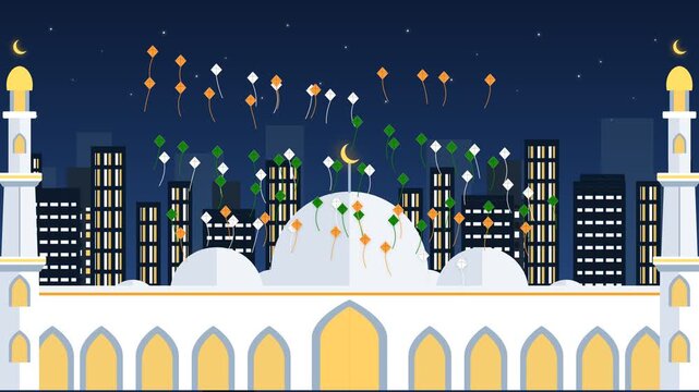 Flat vector animation of indian city celebrating 80 years of freedom. 4K Video