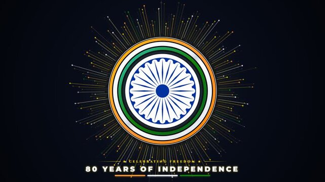 Glowing ashoka chakra for 80th independence anniversary celebration. 4K Video