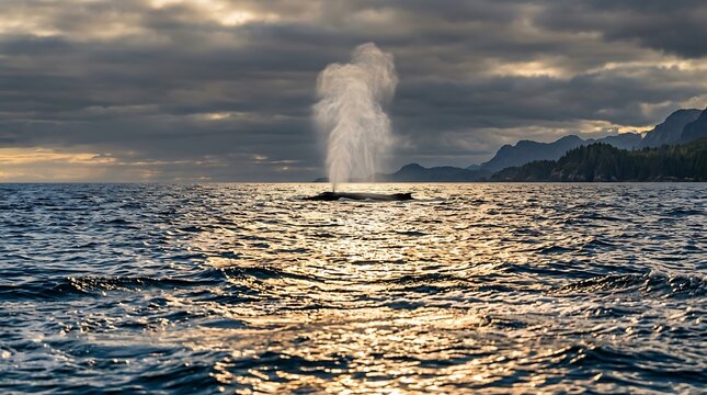 Humpback whale spouting water in the ocean at golden hour