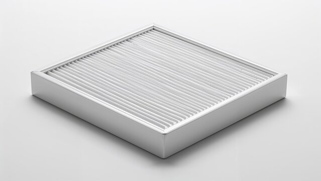 A white box with parallel grooves, likely an air filter or similar rectangular component.